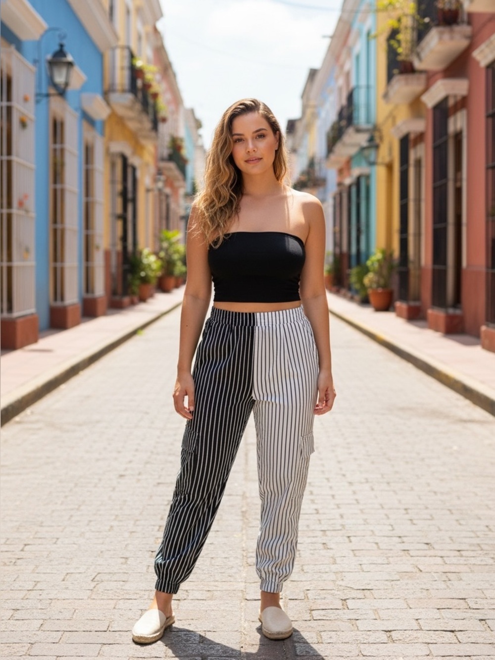 Two tone vertical striped pants with pockets s